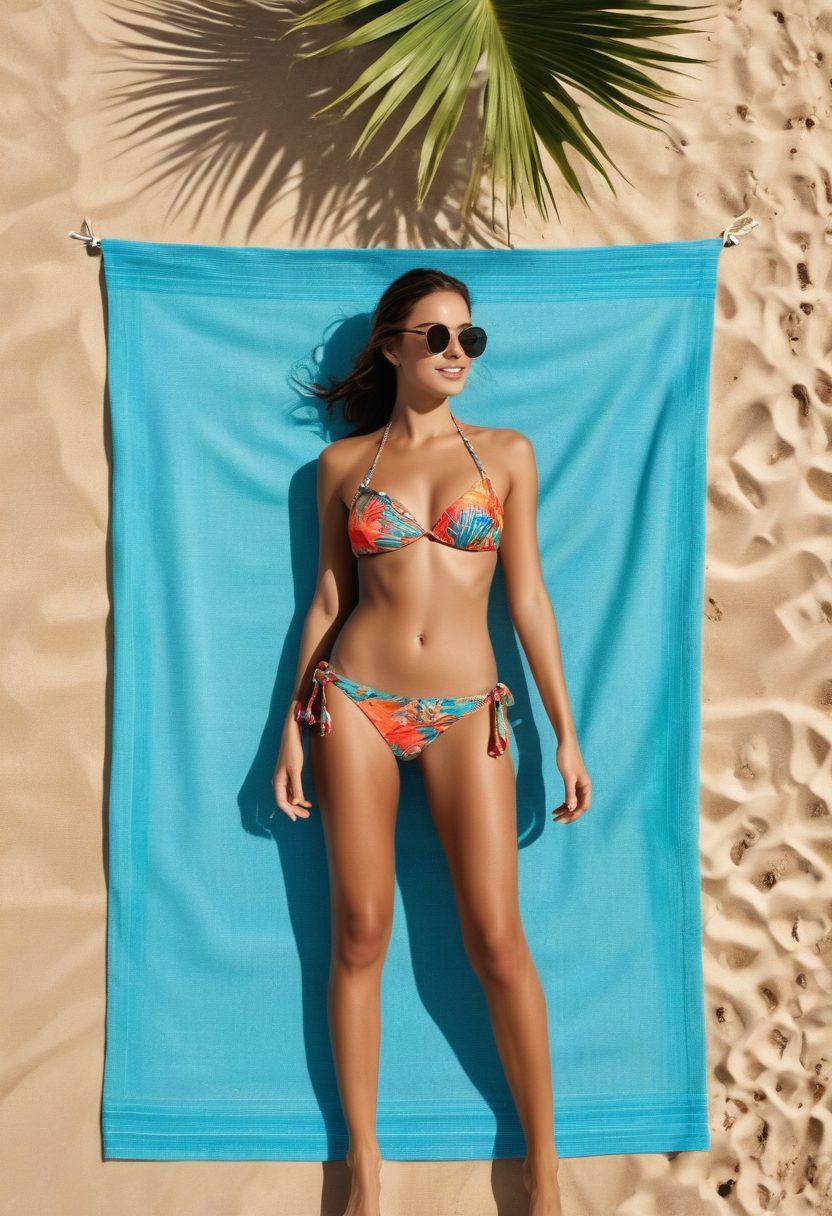 A vibrant summer beach scene featuring diverse models showcasing the latest bikini trends in different styles, patterns, and colors, surrounded by sparkling turquoise waters and golden sand. Include tropical palm trees swaying in the breeze and beach accessories like sunglasses and beach towels strategically placed. Capture a playful and seductive atmosphere with warm sunlight illuminating the scene. vivid colors. tropical theme. super-realistic.