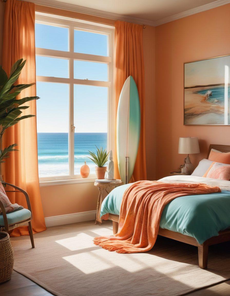 A fashionable beach scene transitioning into a cozy bedroom setting, showcasing various swimwear styles from different eras. In the foreground, a vibrant surfboard displays retro designs while a flowing sarong and elegant lingerie are draped artfully over a stylish bedroom chair. Sunlight streams through a window, casting playful shadows on textured fabrics. The overall color palette includes warm summer tones contrasted with soft bedroom pastels. super-realistic. vibrant colors. 3D.